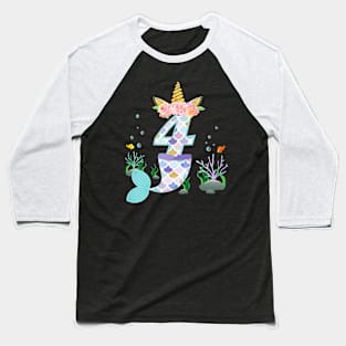 Kids 4 Year Old Unicorn Mermaid Birthday Theme Tail Girl 4Th Baseball T-Shirt